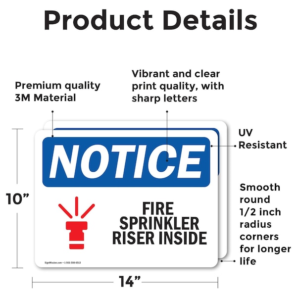 Fire Sprinkler Riser Inside Sign, Vinyl Decal, 14in W X 10in L, 2PK